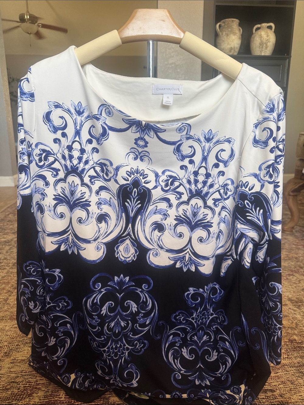 Charter Club Blue & Black Ombre Floral Scroll Long-Sleeve Top